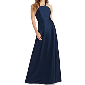 NWT Alfred Sung Halter Lace-up A-line Maxi Dess in Midnight